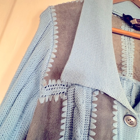 VINTAGE 70s Suede Patch Button Up Knit Sweater - Picture 3 of 9